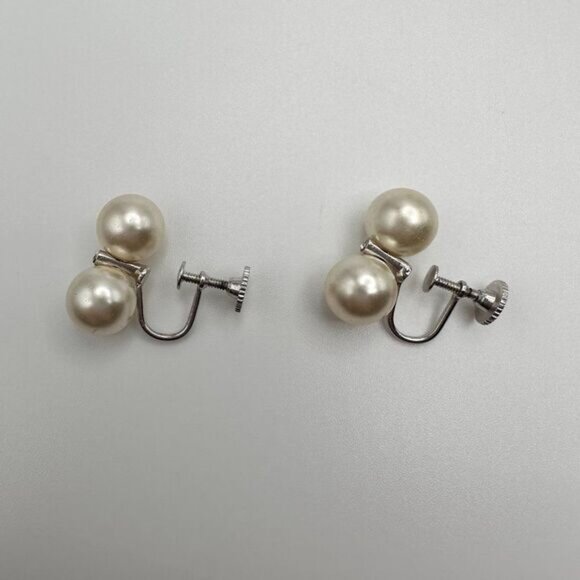 Vintage Double Pearl Costume Earrings Silver Clip On Statement - Picture 4 of 6
